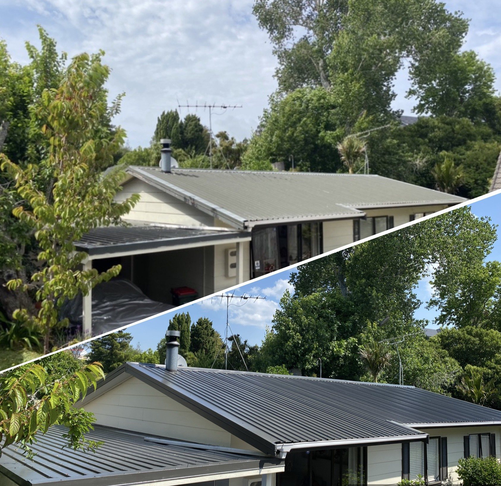 Roof before and after: pale, chalky iron roof at the top, the same roof recoated in charcoal below